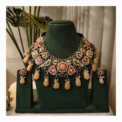Beautiful Designer Ahemdabadi Pachhi Kundan Detailing Heavy Looking Jaal Patta Neckpiece With Earrings