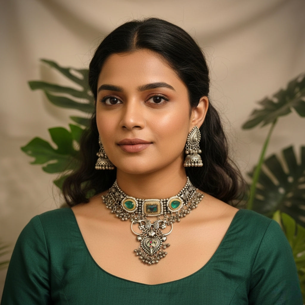 Beautiful Designer Stone Embedded Choker With Earrings