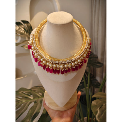 Beautiful Designer Golden Hasli With Moti Work And Pearl + Beads Latkan