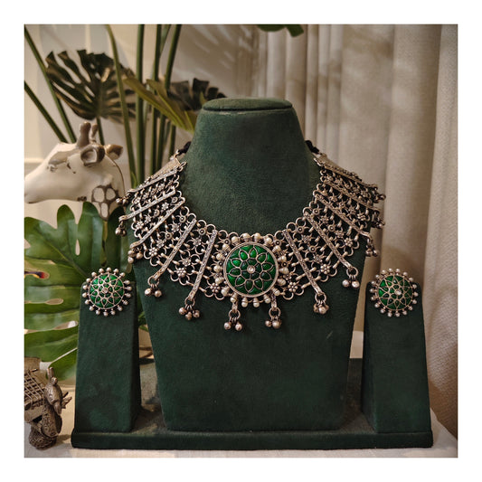 Beautiful Designer Kempstone Detailing Jaal Patta Neckpiece With Earrings