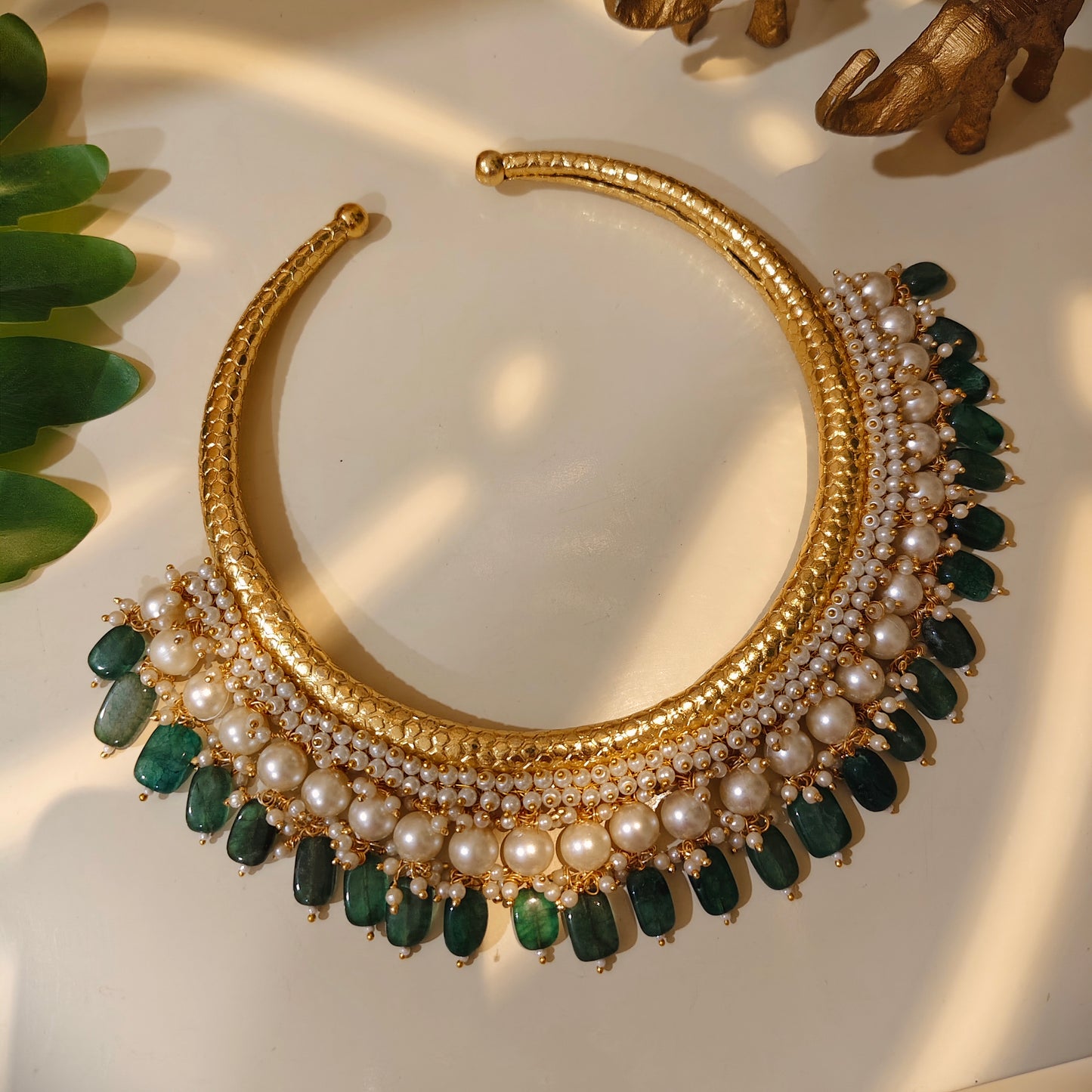 Beautiful Designer Golden Hasli With Moti Work And Pearl + Beads Latkan