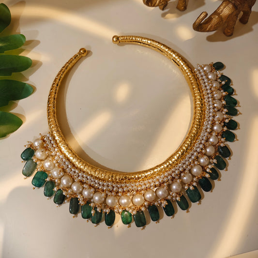 Beautiful Designer Golden Hasli With Moti Work And Pearl + Beads Latkan