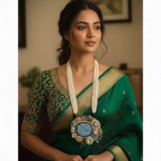 Beautiful Designer Wooden Pendant With Kundan, Natural Stone & Brass Detailing Long Necklace