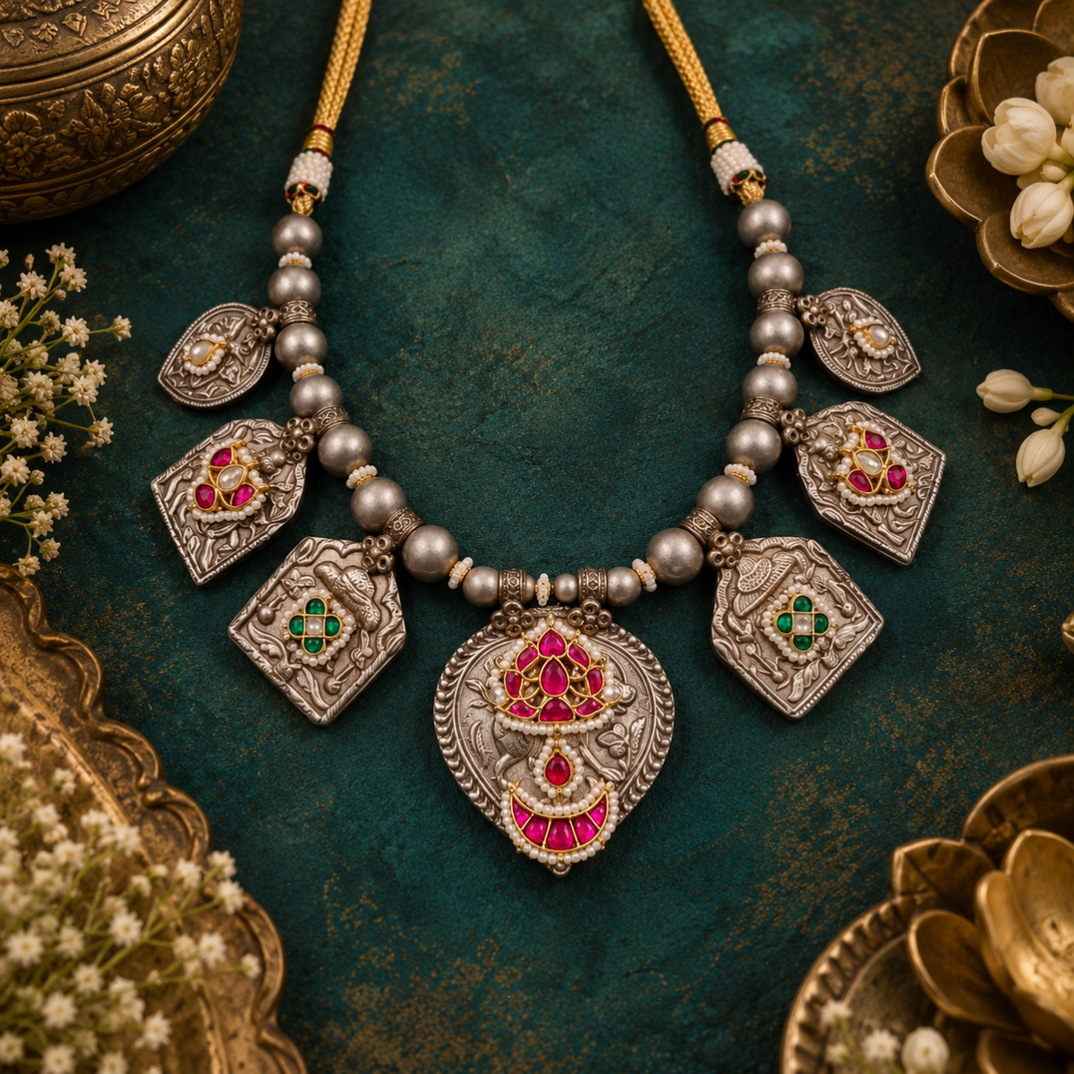 Beautiful Designer Ahemdabadi Kundan Detailing Paatri Mix Neckpiece