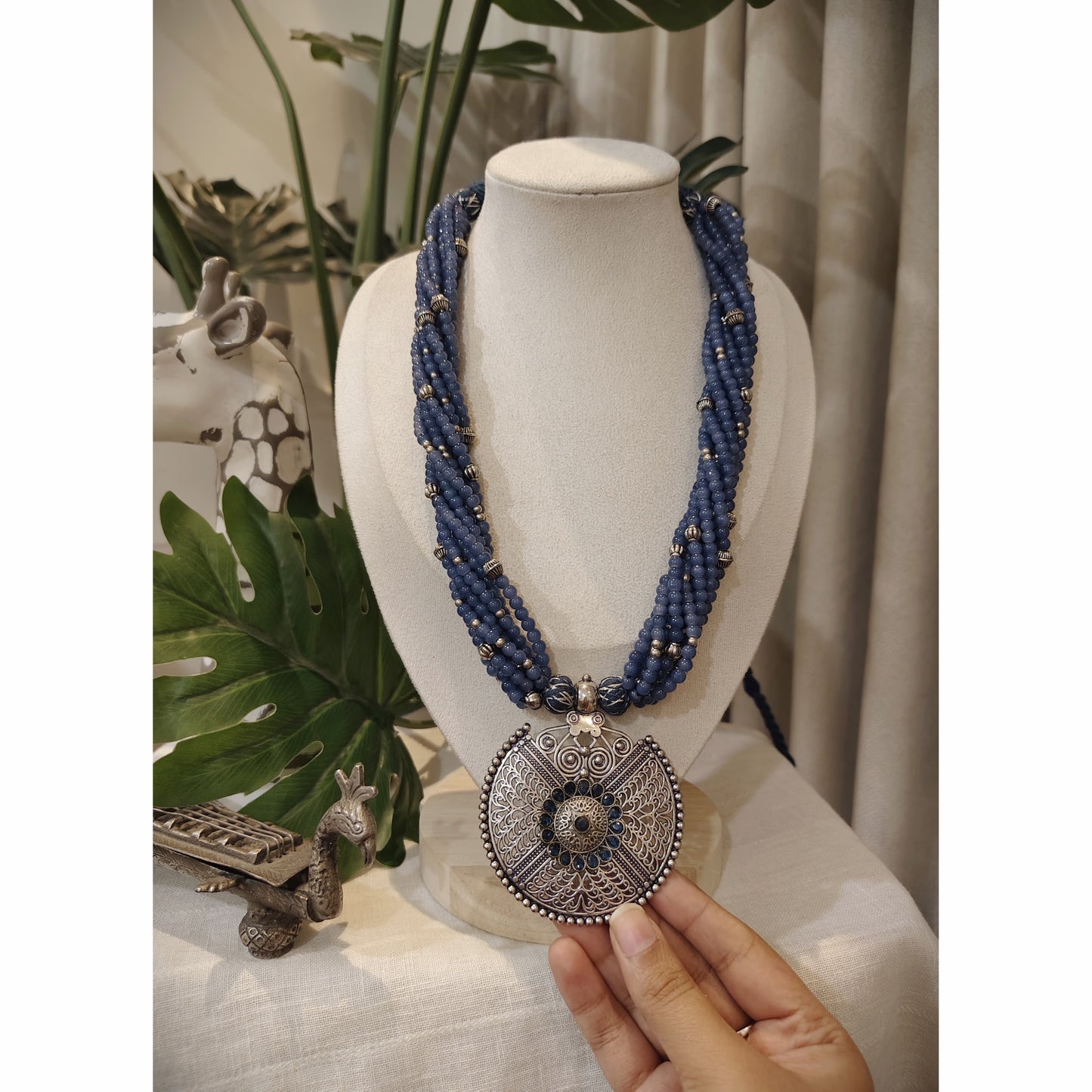 Beautiful Designer Stone Embedded Pendant With Twisted Beaded Mala Necklace