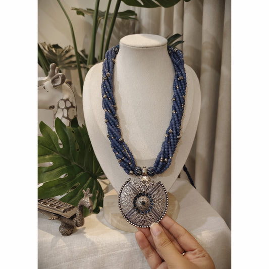 Beautiful Designer Stone Embedded Pendant With Twisted Beaded Mala Necklace