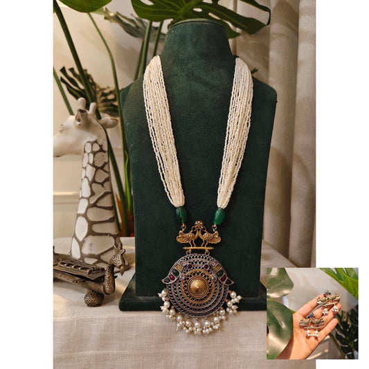 Beautiful Designer Stone Embedded Dual Tone Pendant Long Necklace With Earrings