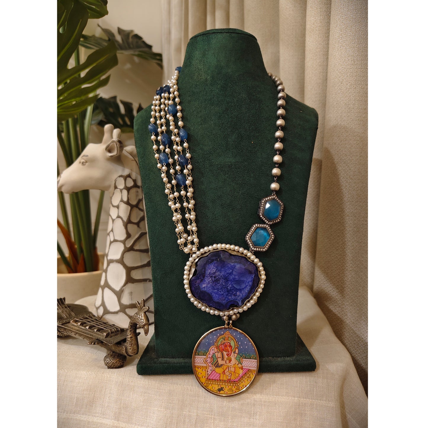 Beautiful Designer Painting & Natural Stone Pendant Stylish Mala Long Necklace