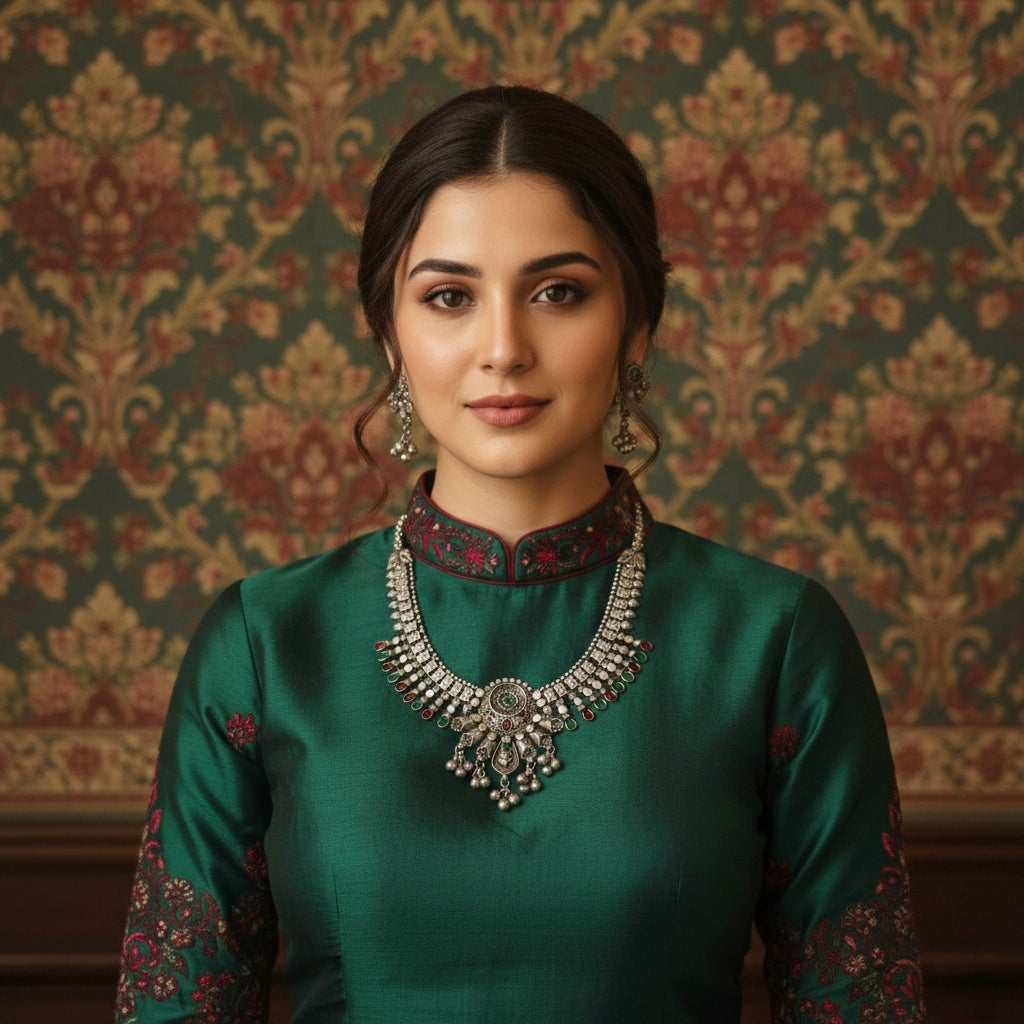 Beautiful Designer Stone Embedded Kolhapuri Necklace With Earrings