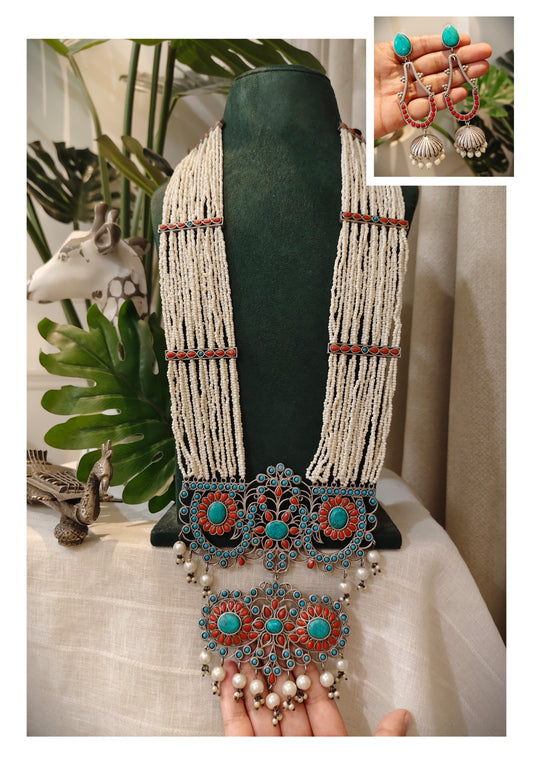 Beautiful Designer Stone Embedded Huge Pendant Long Necklace With Earrings