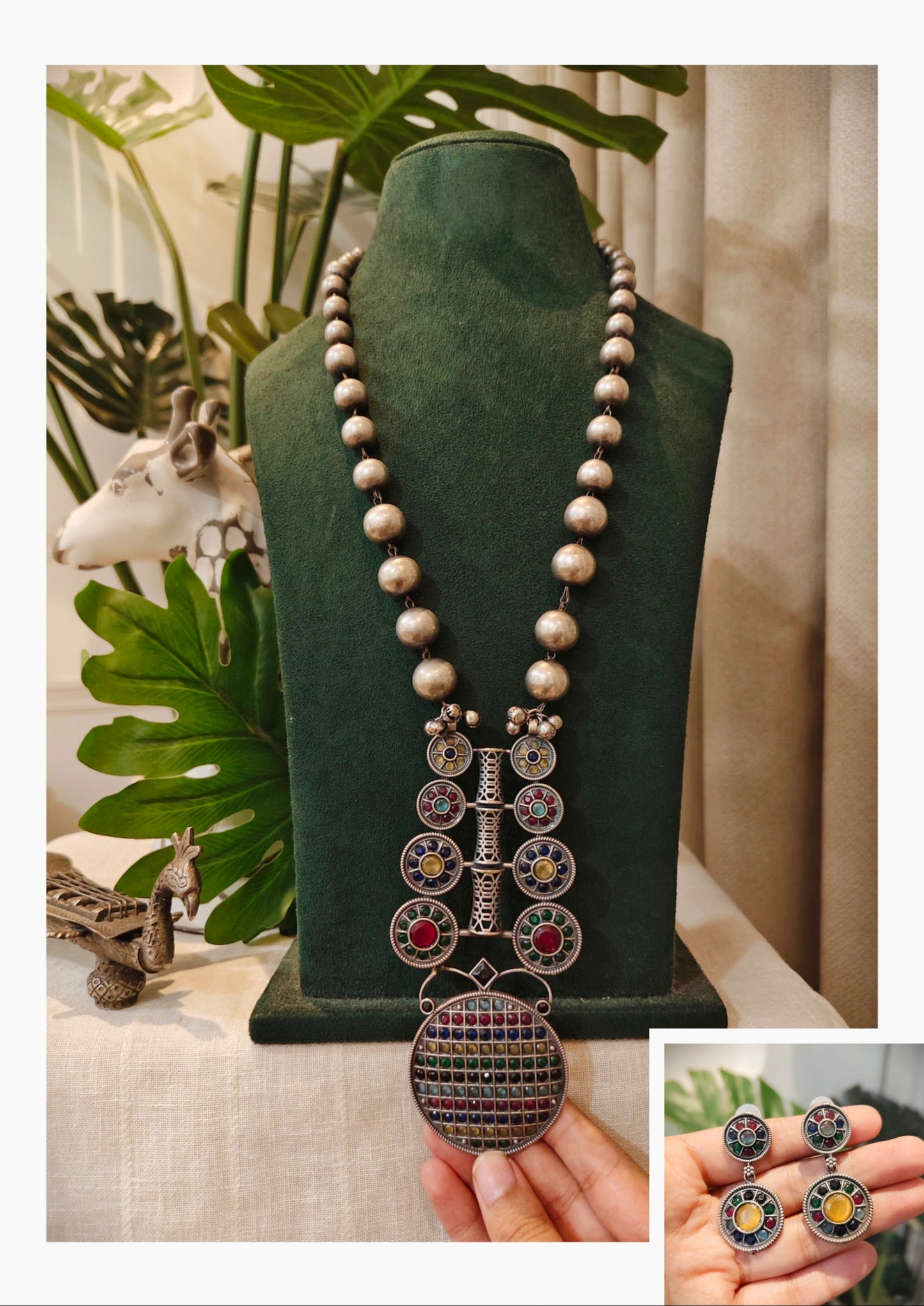 Beautiful Designer Stone Embedded Pendant Long Ball Chain Necklace With Earrings