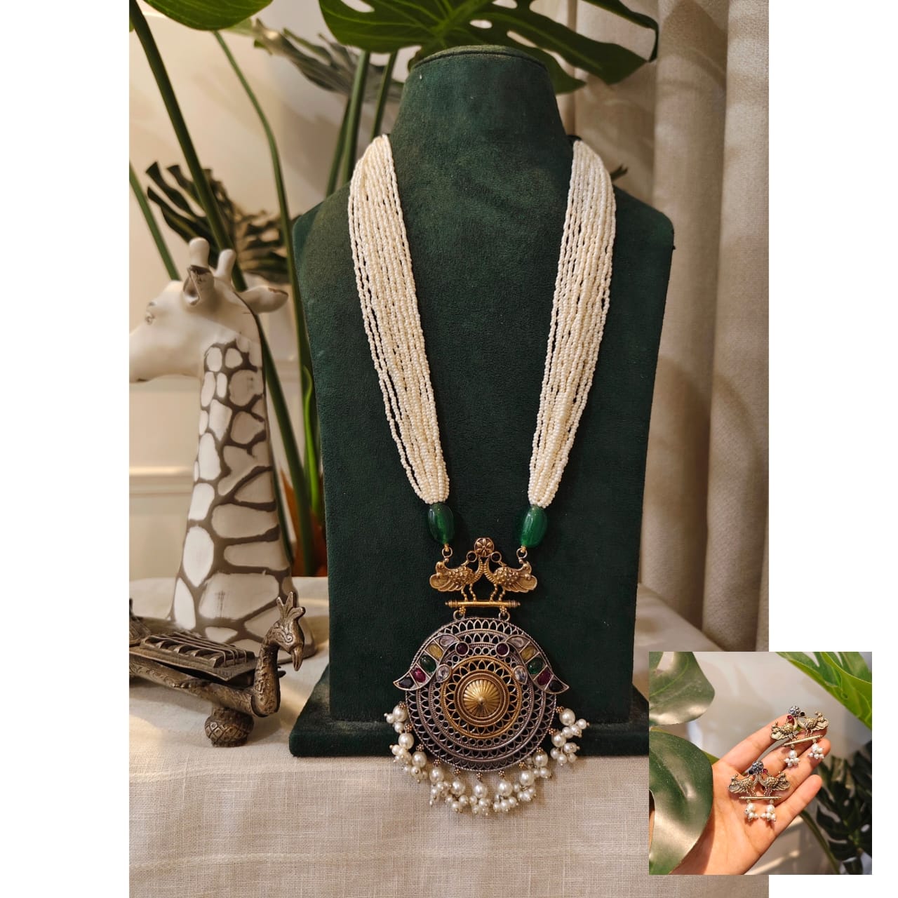 Beautiful Designer Dual Tone Pendant Long Necklace With Earrings