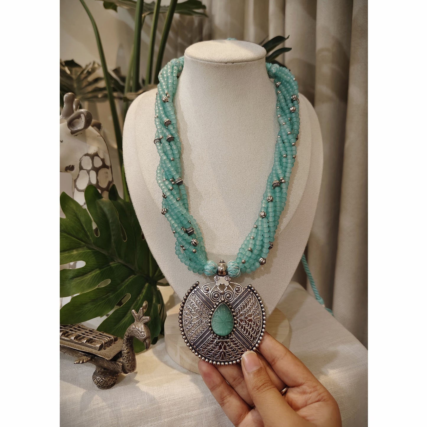 Beautiful Designer Stone Embedded Pendant With Twisted Beaded Mala Necklace