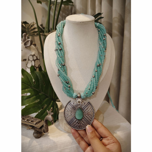 Beautiful Designer Stone Embedded Pendant With Twisted Beaded Mala Necklace