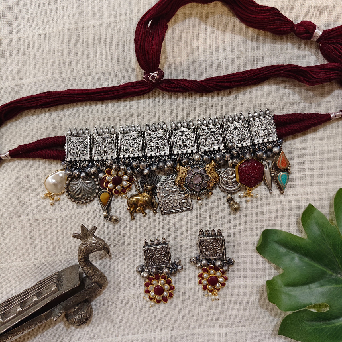 Beautiful Designer Charms Mix Statement Choker With Earrings