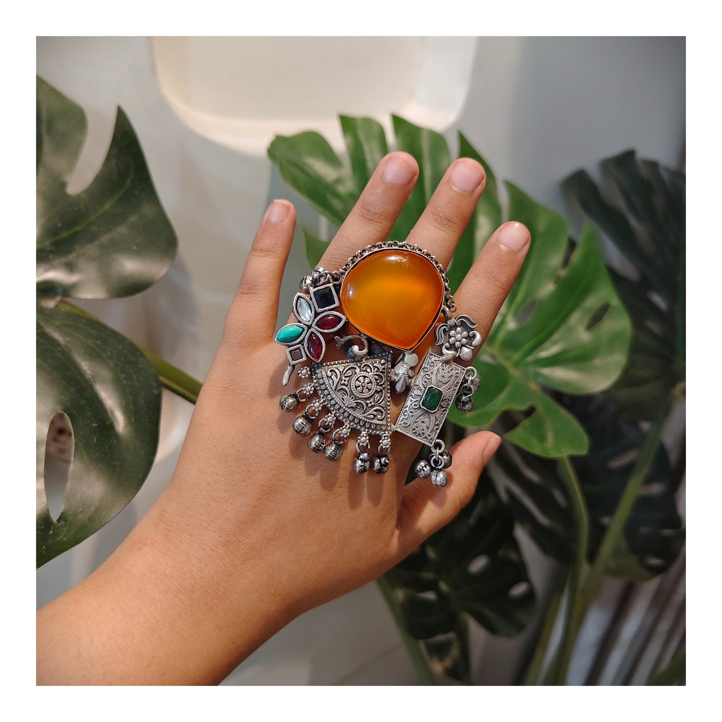 Beautiful Designer Stone Embedded Fusion Adjustable Ring