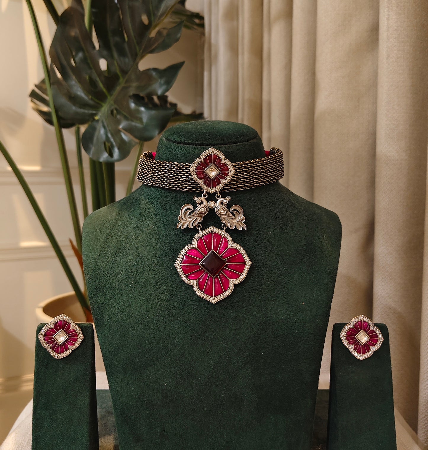 Beautiful Designer Kempstone Peacock Pendant Choker With Earrings