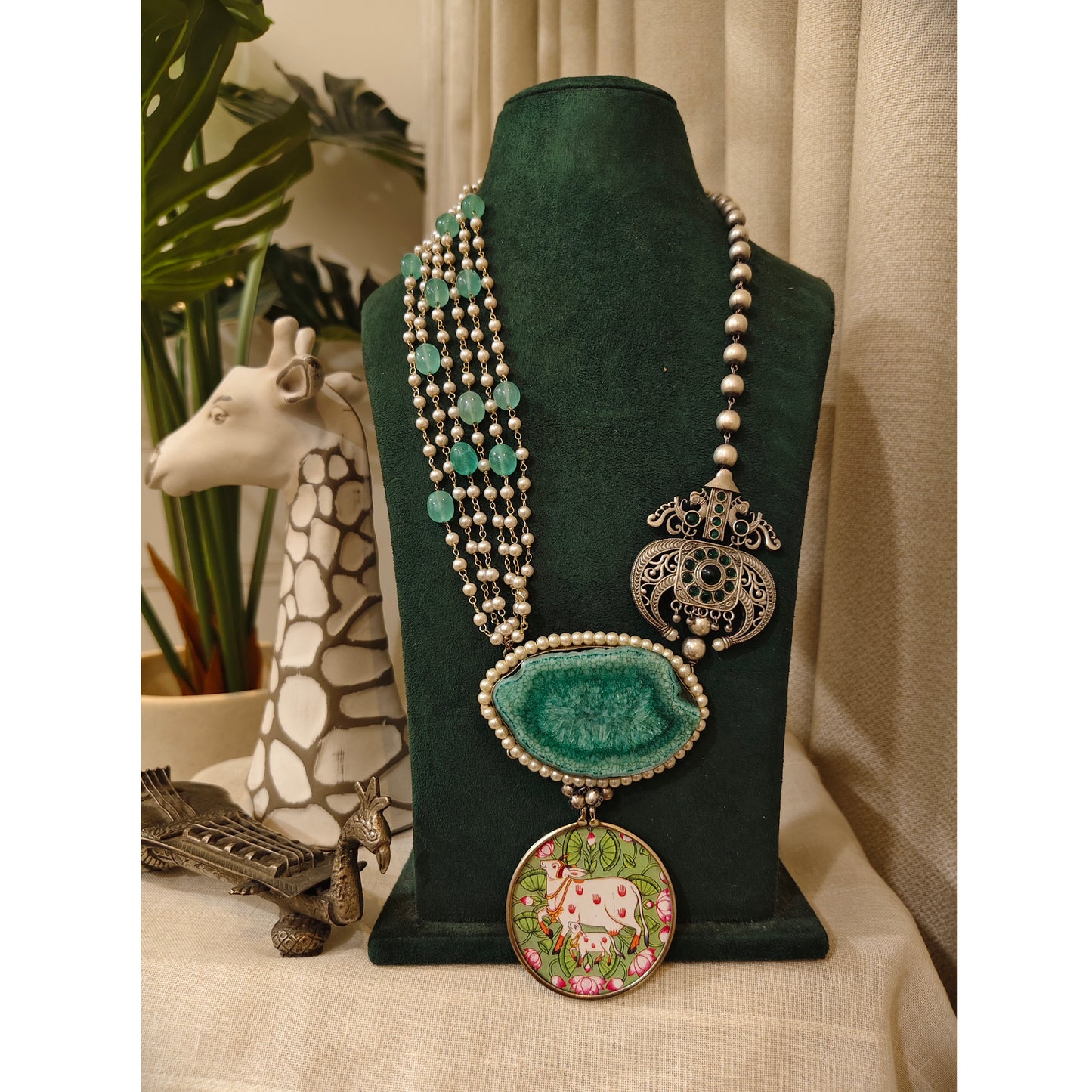 Beautiful Designer Painting & Natural Stone Pendant Stylish Mala Long Necklace