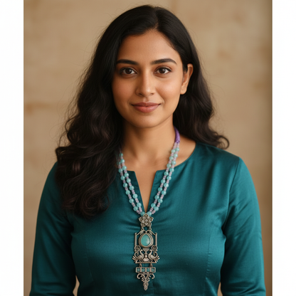 Beautiful Designer Stone Embedded Pendant Long Beaded Necklace