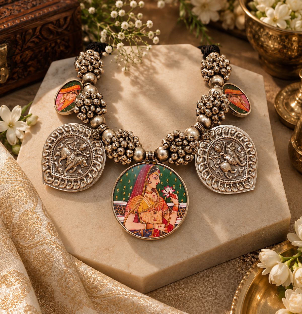 Beautiful Designer Painting Mix Paatri & Ghungroo Gutchha Ball Neckpiece