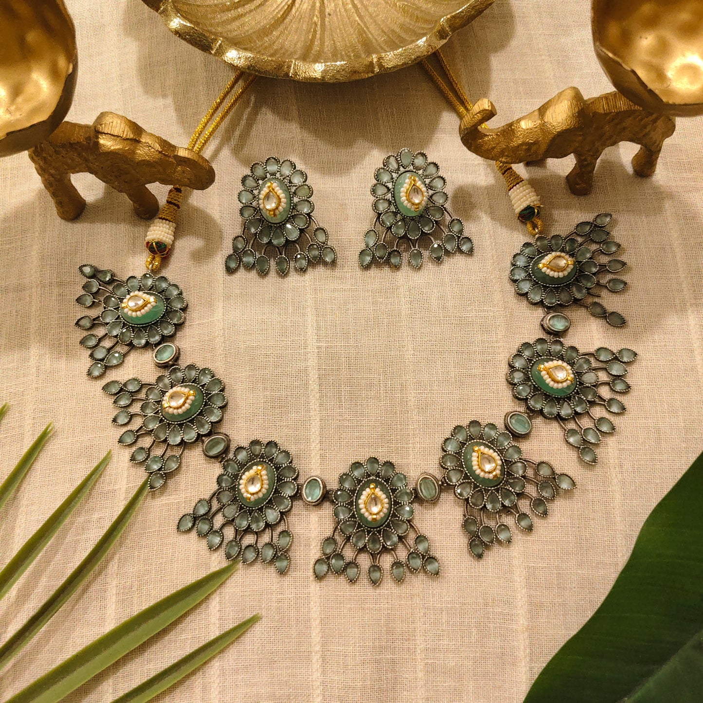 Beautiful Designer Stone Embedded Neckpiece With Kundan Detailing And Earrings