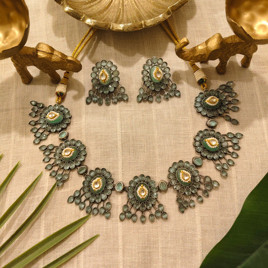 Beautiful Designer Stone Embedded Neckpiece With Kundan Detailing And Earrings