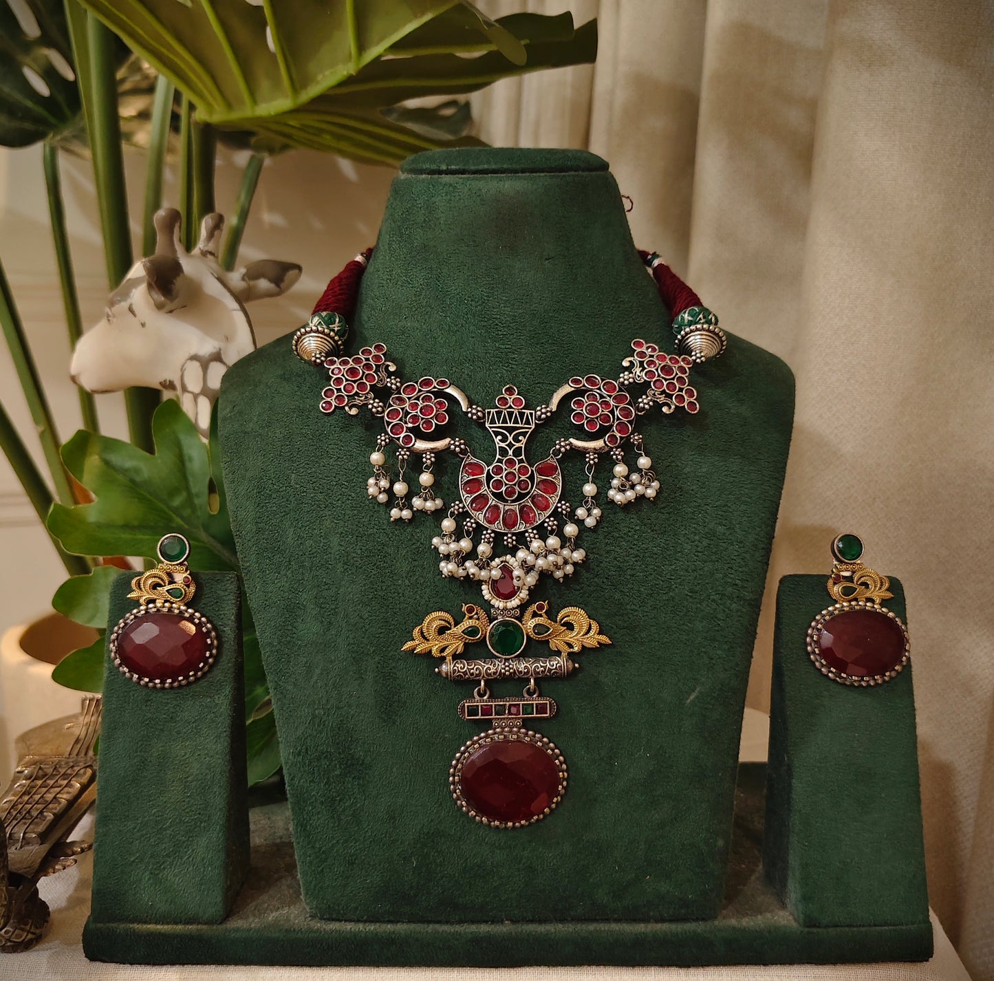 Beautiful Designer Stone Embedded Peacock Pendant Neckpiece With Earrings