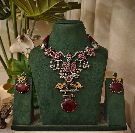 Beautiful Designer Stone Embedded Peacock Pendant Neckpiece With Earrings