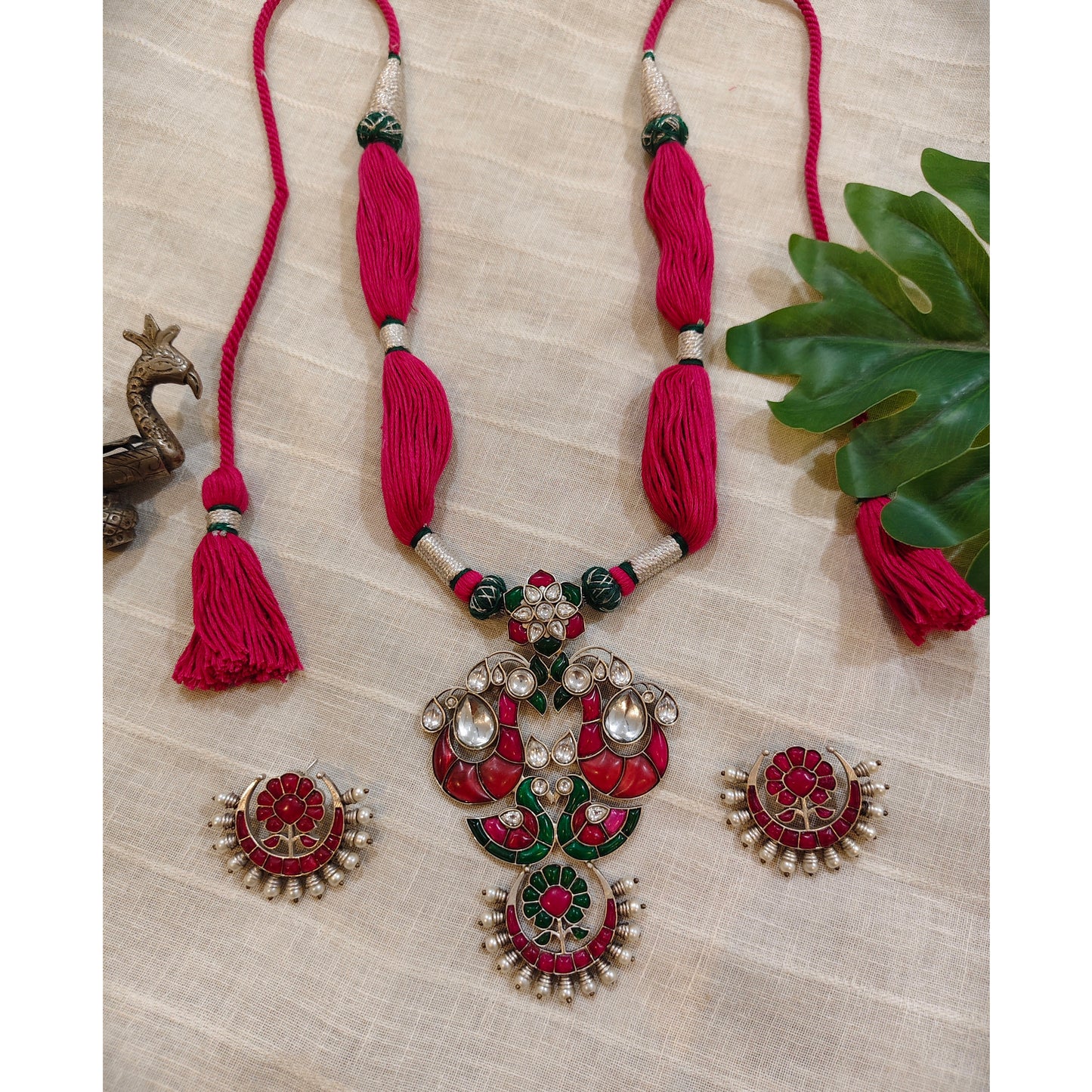 Beautiful Designer Kempstone Big Size Pendant Necklace With Earrings & Handmade Open Dori