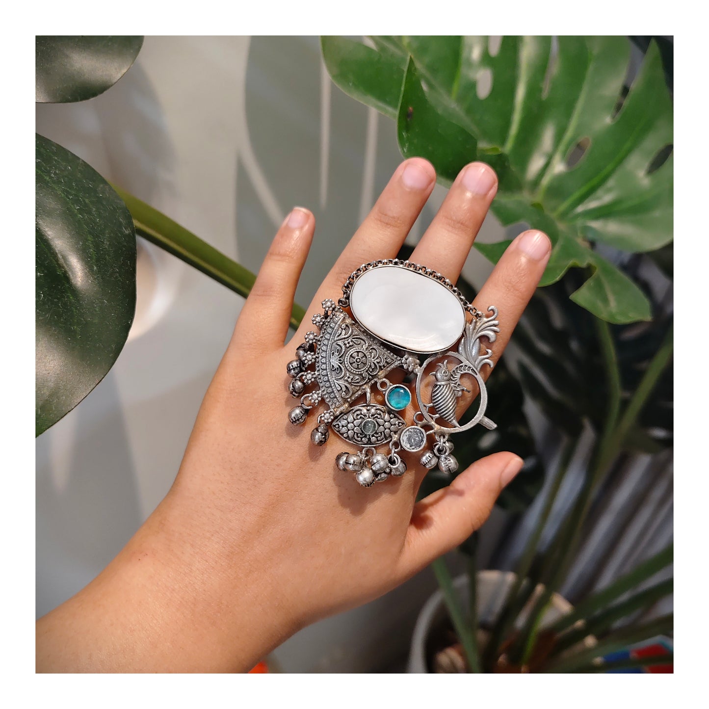 Beautiful Designer Stone Embedded Fusion Adjustable Ring