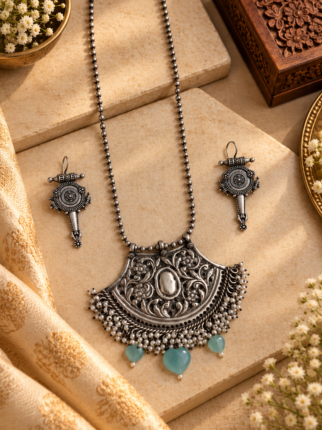 Beautiful Designer Chitai Work Pendant Necklace With Earrings
