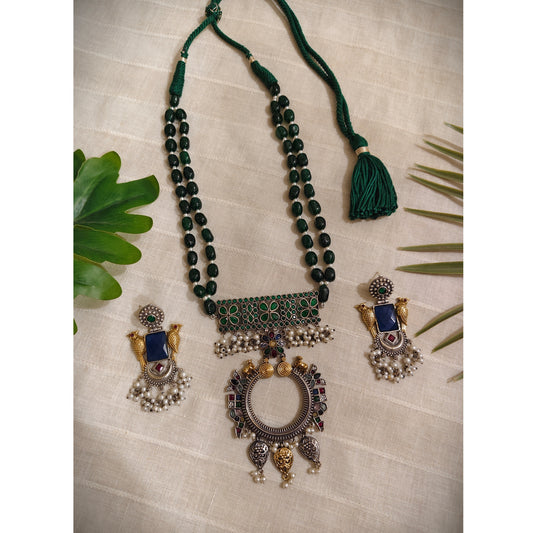 Beautiful Designer Dual Tone Pendant Long Beaded Necklace With Earrings