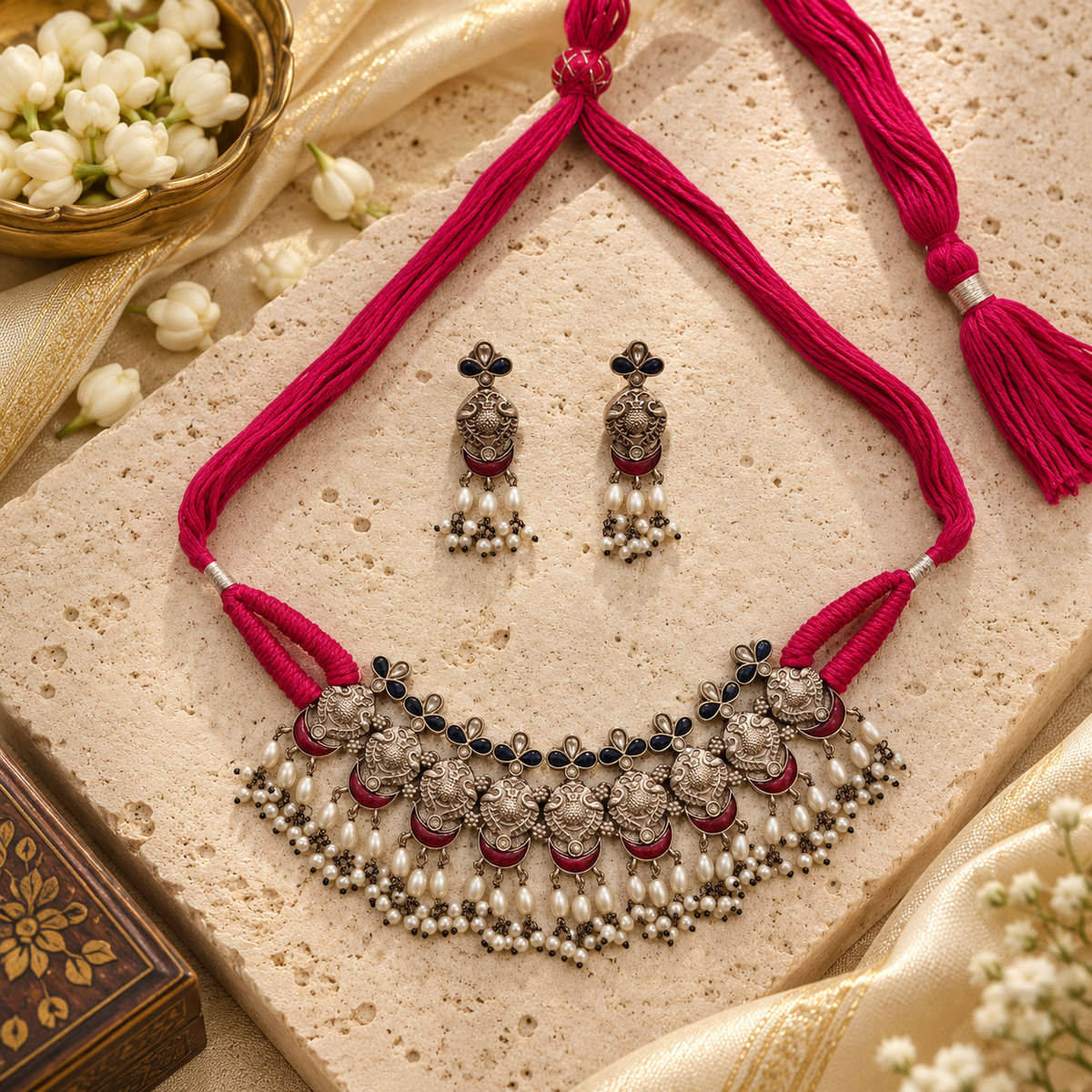 Beautiful Designer Kempstone Detailing Neckpiece With Earrings