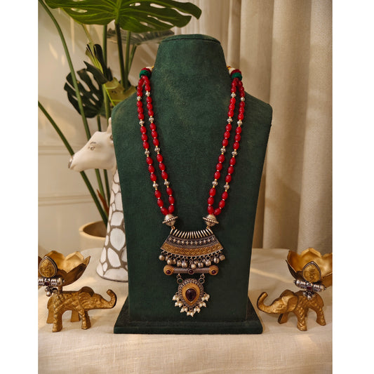 Beautiful Designer Dual Tone Pendant Long Beaded Necklace With Earrings
