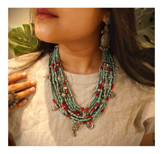Beautiful Designer Chunky Turquoise & Moonga Beads Layered Gypsy Charms Necklace (no earrings, no ring)