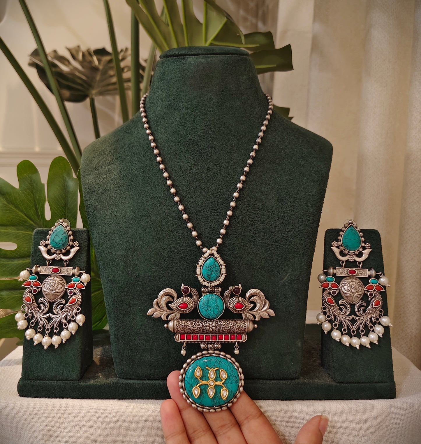Beautiful Designer Stone Embedded Firoza & Coral Pendant Necklace With Earrings