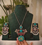 Beautiful Designer Stone Embedded Firoza & Coral Pendant Necklace With Earrings