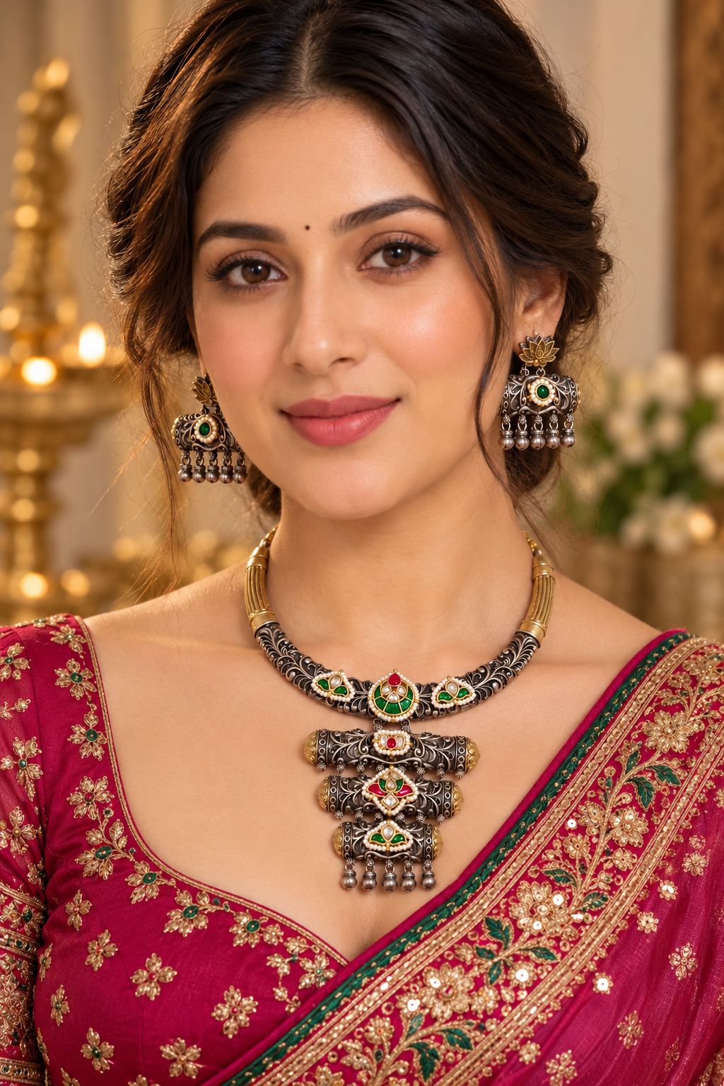 Beautiful Designer Dual Tone Ahemdabadi Kundan Detailing Neckpiece With Earrings