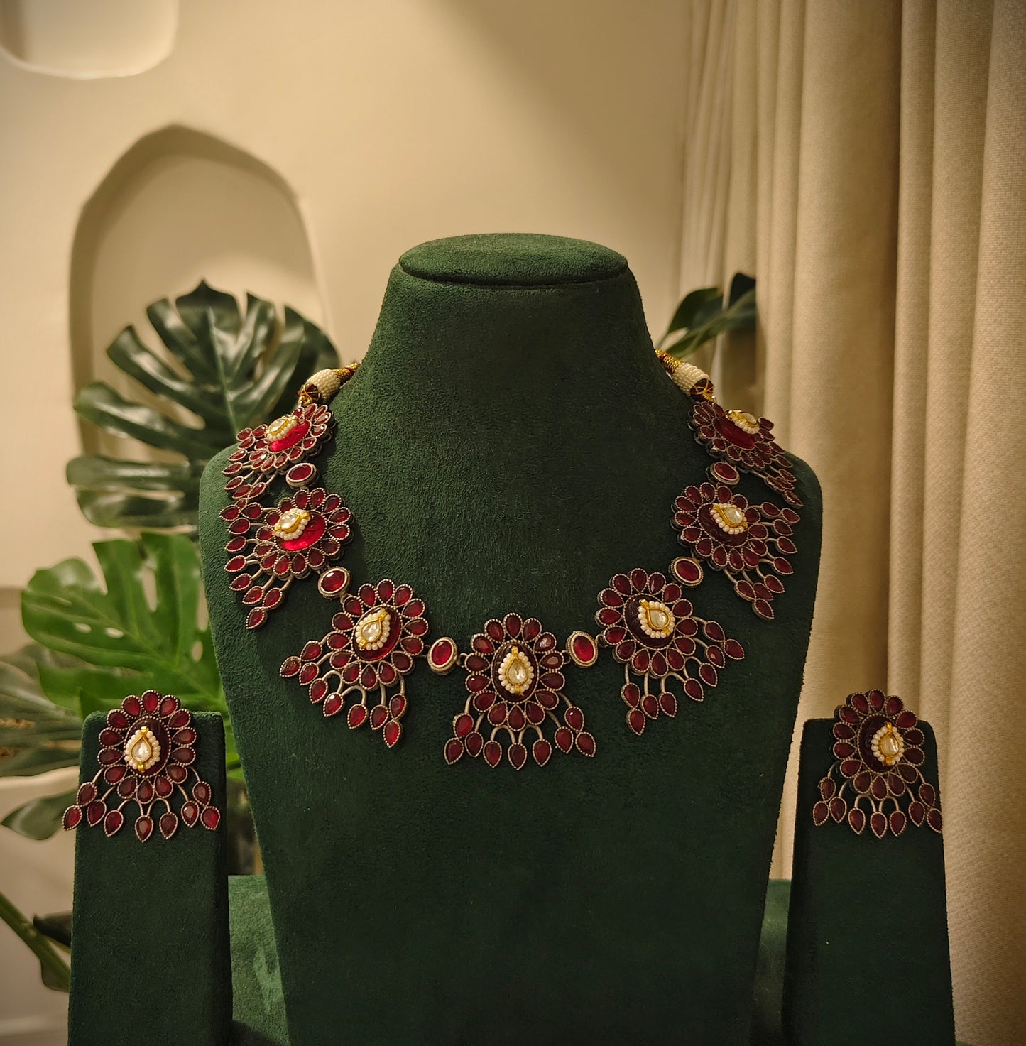 Beautiful Designer Stone Embedded Neckpiece With Kundan Detailing And Earrings