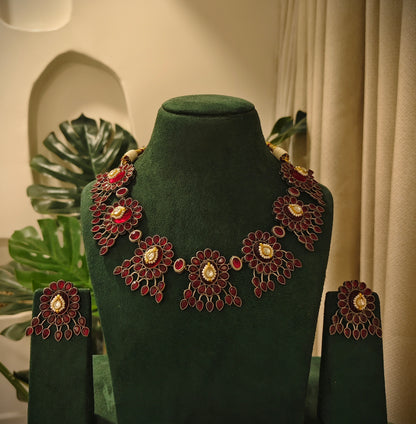 Beautiful Designer Stone Embedded Neckpiece With Kundan Detailing And Earrings