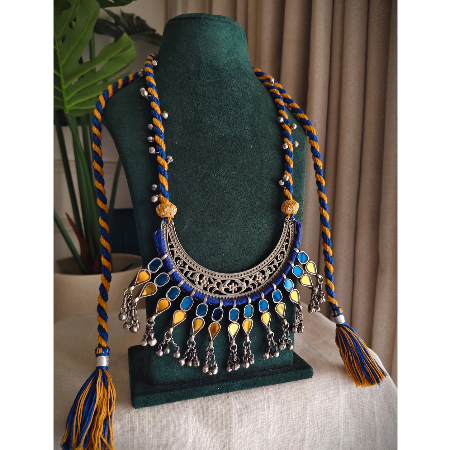 Beautiful Designer Chaand With Glass Pcs Latkan And Handmade Ghungroo Duo Color Dori Long Necklace (no earrings)