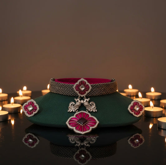 Beautiful Designer Kempstone Peacock Pendant Choker With Earrings