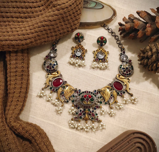 Beautiful Designer Dual Tone Stone Embedded Neckpiece With Earrings