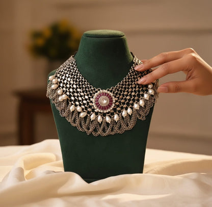 Beautiful Designer Kempstone Detailing Jaal Patta Neckpiece With Pearl And Chain Latkan