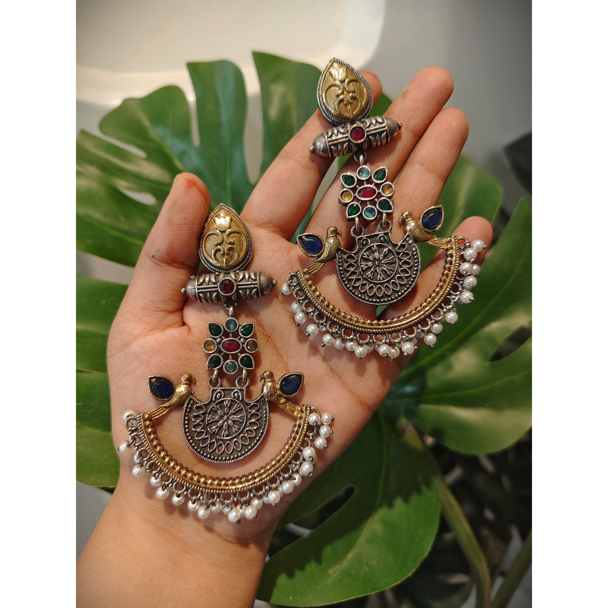 Beautiful Designer Dual Tone Stone Embedded Long Earrings