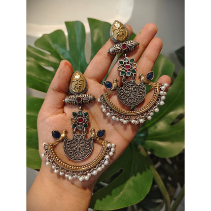 Beautiful Designer Dual Tone Stone Embedded Long Earrings