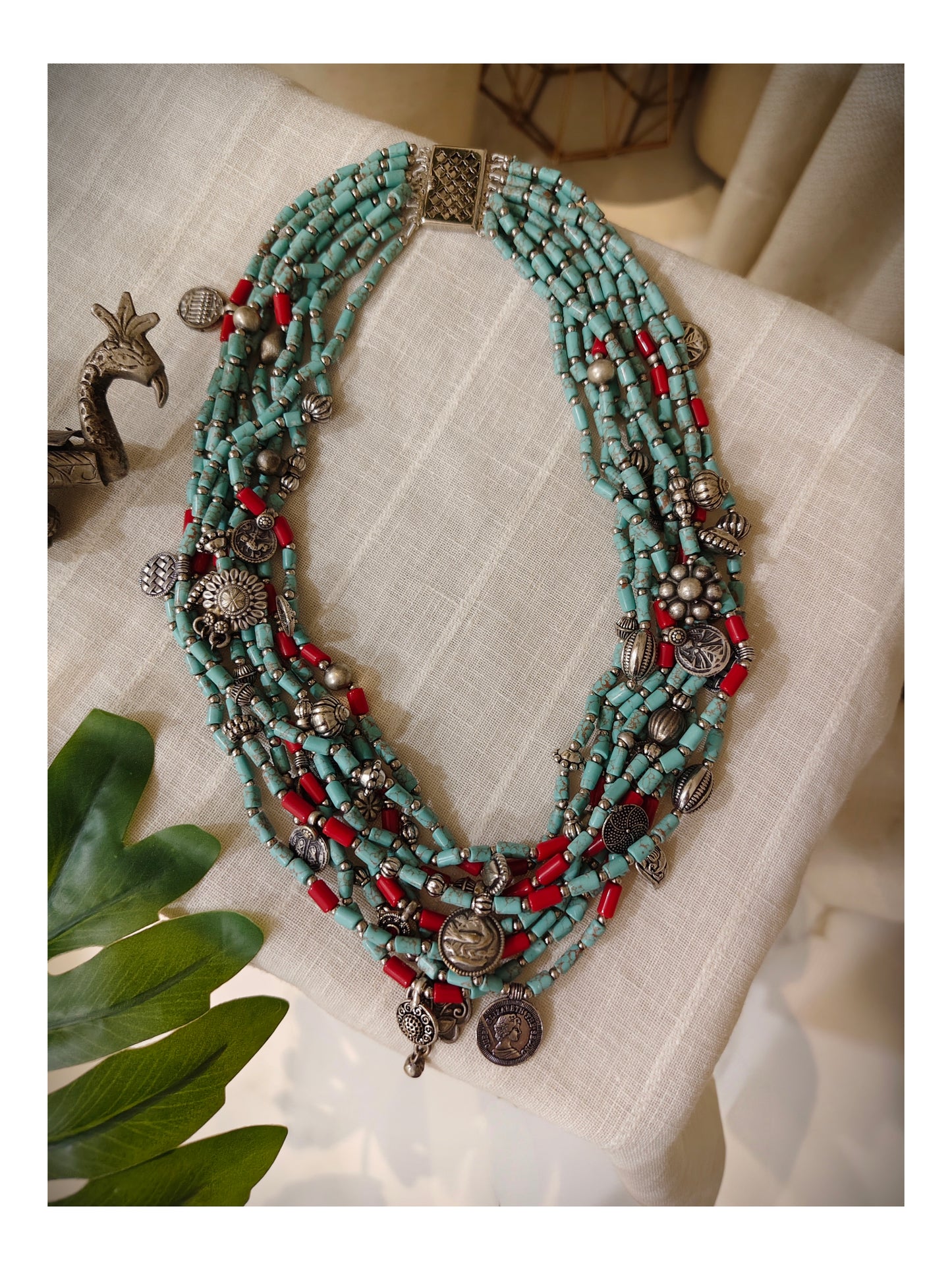 Beautiful Designer Chunky Turquoise & Moonga Beads Layered Gypsy Charms Necklace (no earrings, no ring)