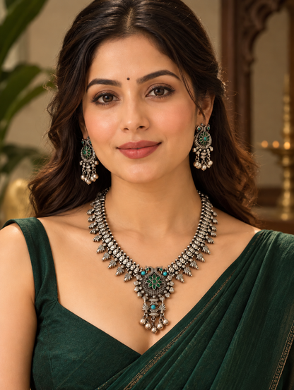 Beautiful Designer Stone Embedded Kolhapuri Neckpiece With Earrings