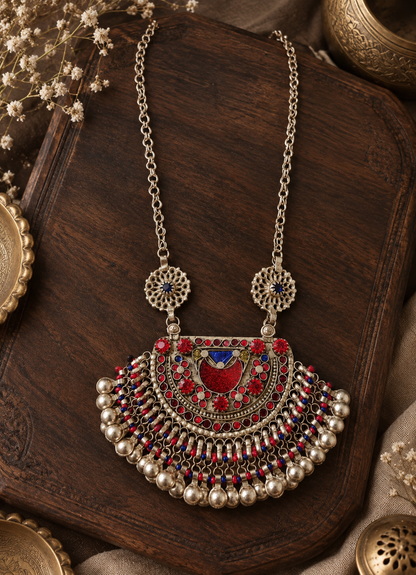 Beautiful Vintage Afghani Chaand Stone Embedded Pendant Necklace