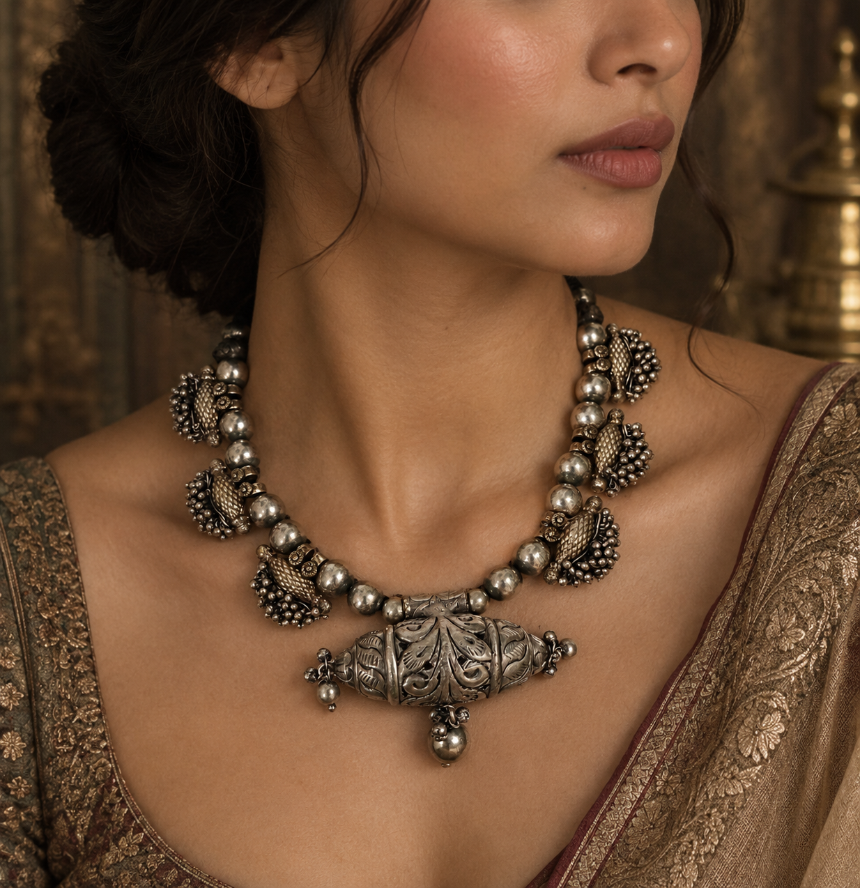 Beautiful Designer Taabeez Antique Golden Silver Mix Polish Neckpiece
